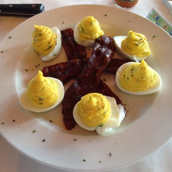 BrickTop's - Very GOOD deviled egg appetizer! Candied bacon is best with the hot sauce they serve. - New American Near Me - Franklin, Tennessee BrickTop's - Very GOOD deviled egg appetizer! Candied bacon is best with the hot sauce they serve. - New American Near Me - Franklin, Tennessee