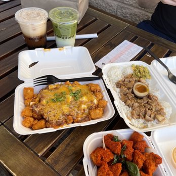 Bopomofo Cafe - Drinks: Assam milk tea and matcha latte Food: Mapo tots, Lu Rou Fan, and spicy popcorn chicken - Bubble Tea Near Me - San Gabriel, California Bopomofo Cafe - Drinks: Assam milk tea and matcha latte Food: Mapo tots, Lu Rou Fan, and spicy popcorn chicken - Bubble Tea Near Me - San Gabriel, California