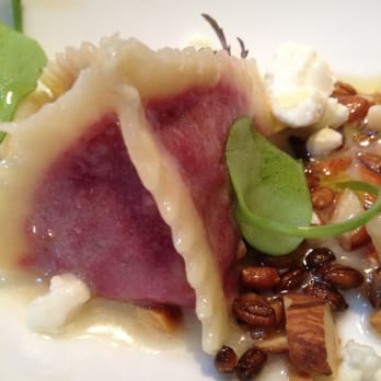 Boulevard - Beet pyramid ravioli, Cana d' Cabra goat cheese, toasted almonds and rye berries, extra virgin olive oil - New American Near Me - San Francisco, California Boulevard - Beet pyramid ravioli, Cana d' Cabra goat cheese, toasted almonds and rye berries, extra virgin olive oil - New American Near Me - San Francisco, California