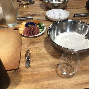 Stir Studio Kitchen - Munchies and ingredients for cooking on table - Cooking Classes Near Me - Hudson, Ohio