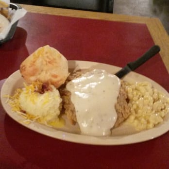 Cast Iron Grill - Chicken fried steak, mashed potatoes and mac and cheese with cheese roll - Breakfast & Brunch Near Me - Lubbock, Texas