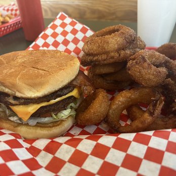 Airways Hamburgers - Double cheeseburger w Bacon and onion rings - Burgers Near Me - Arlington, Texas