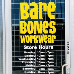 BareBones WorkWear - Front Entrance of BareBones WorkWear with current Store Hours as of March 2022