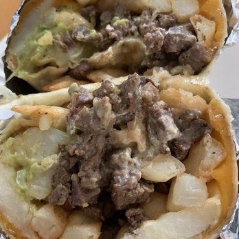 LAX Tacos - California Burrito (carne asada, french fries, cheese, sour cream, guacamole, salsa) -- Cut View; IG: @katzlundell - Mexican Near Me - Inglewood, California