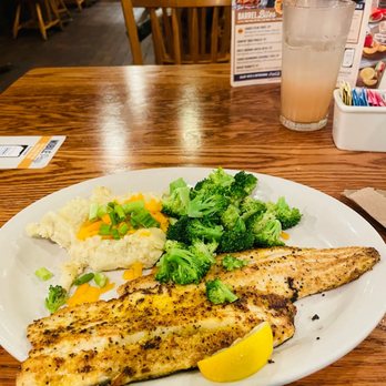 Cracker Barrel Old Country Store - Rainbow trout meal with sides broccoli and loaded mash - Breakfast & Brunch Near Me - Caseyville, Illinois