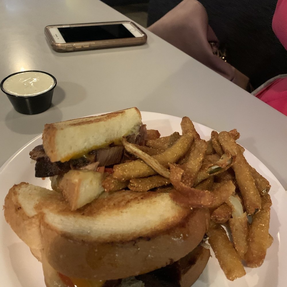 Garage Grill - Brisket grilled cheese with fried pickles. - New American Near Me - Draper, Utah Garage Grill - Brisket grilled cheese with fried pickles. - New American Near Me - Draper, Utah