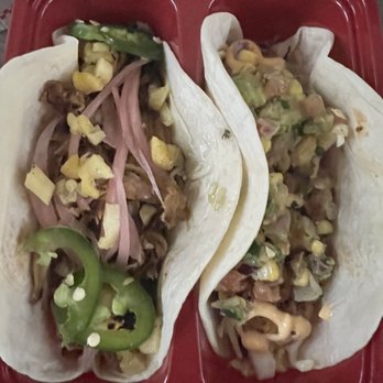 Velvet Taco - #8 Korean Fried Rice on left and #17 Mexi-Cali Shrimp - Tacos Near Me - Houston, Texas Velvet Taco - #8 Korean Fried Rice on left and #17 Mexi-Cali Shrimp - Tacos Near Me - Houston, Texas