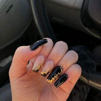 Element Nail Bar - Coffin shape nails, black and nude polish with gold foil - Nail Salons Near Me - Phoenix, Arizona Element Nail Bar - Coffin shape nails, black and nude polish with gold foil - Nail Salons Near Me - Phoenix, Arizona