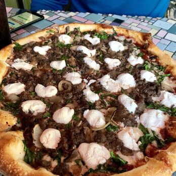Satchel's Pizza - Medium Mama Pizza with Ricotta, Spinach, Mushrooms, and Steak. - Pizza Near Me - Gainesville, Florida Satchel's Pizza - Medium Mama Pizza with Ricotta, Spinach, Mushrooms, and Steak. - Pizza Near Me - Gainesville, Florida