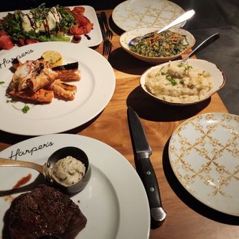 Harper's - Filet, king crab, caprese salad, mashed potatoes, and creamed spinach. - Steakhouses Near Me - Nashville, Tennessee Harper's - Filet, king crab, caprese salad, mashed potatoes, and creamed spinach. - Steakhouses Near Me - Nashville, Tennessee