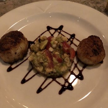 Bistro Seven Three - Blackened diver scallops with roasted Jersey corn, peppers, and avocado. Soy Thai chili reduction. - New American Near Me - Bernardsville, New Jersey Bistro Seven Three - Blackened diver scallops with roasted Jersey corn, peppers, and avocado. Soy Thai chili reduction. - New American Near Me - Bernardsville, New Jersey