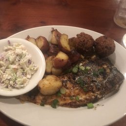Blackened Grouper, potatoes and Cole slaw. The Grouper was frozen Blackened Grouper, potatoes and Cole slaw. The Grouper was frozen