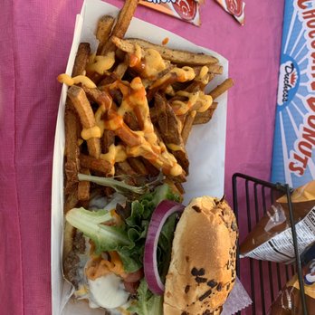 Lexie Lu's - Mushroom burger and cheese fries, I asked for hot sauce on my fries too! - Food Trucks Near Me - Louisville, Kentucky