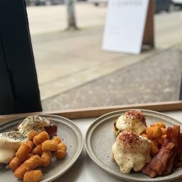 Bacon Benedict left, Avocado Benedict w/ side bacon on rgiht Bacon Benedict left, Avocado Benedict w/ side bacon on rgiht