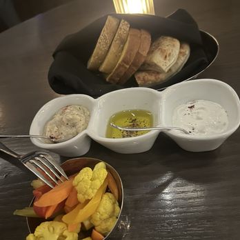 Orla - Bread service with trio of dips and pickled vegetables (additional charge per person) - Mediterranean Near Me - Las Vegas, Nevada Orla - Bread service with trio of dips and pickled vegetables (additional charge per person) - Mediterranean Near Me - Las Vegas, Nevada