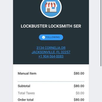 Lockbuster Locksmith - The receipt - A screenshot of a digital receipt from Lockbuster Locksmith in Jacksonville, FL, displaying a $80 transaction for a manual item, with contact details and date. - Keys & Locksmiths Near Me - Jacksonville, Florida