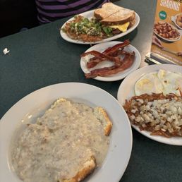 Biscuits and gravy, bacon, hash browns, Avocado Breakfast Sandwich