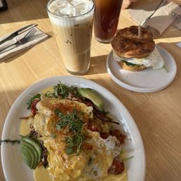 Leucadian Benedict, Breakfast Sammie, Pistachio Latte and Nitro Cold Brew