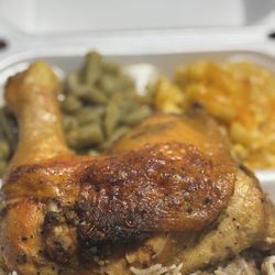 The House Of Soul Food - Baked Chicken with Mac and Cheese and green beans.