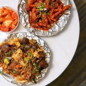 Photo of Obok Restaurant - Santa Clara, CA, United States. DELIVERY - Maeun Dakbal: Spicy Chicken Feet ($17.50) & Soondae Bokkeum: Stir-fried Blood Sausage ($25.99) w/ radish kimchi. DELICIOUS!