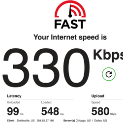 All Point Broadband Speed Test, 330Kbs down.