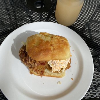 Vicious Biscuit - THE 'MATER' and fresh grapefruit juice  Buttermilk biscuit, fried green tomatoes, topped with our signature pimento cheese and bacon jam - Coffee & Tea Near Me - Summerville, South Carolina