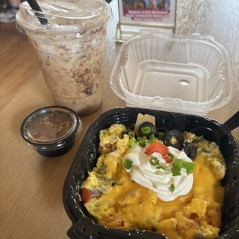 The Queen Bean Coffee House - Iced Chai with Pumpkin Spice Cold Foam & Breakfast Bowl with Sausage - Coffee & Tea Near Me - Modesto, California The Queen Bean Coffee House - Iced Chai with Pumpkin Spice Cold Foam & Breakfast Bowl with Sausage - Coffee & Tea Near Me - Modesto, California