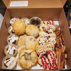 Cinnamon Rolls, pop-tarts, sausage biscuits, candied bacon and mini pancakes