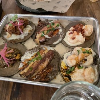 Nixtaco - Tacos from left to right : fried chicken (Nashville heat) , chicharron, pork belly 2x , pork shrimp, mazatlan style shrimp. - Mexican Near Me - Roseville, California Nixtaco - Tacos from left to right : fried chicken (Nashville heat) , chicharron, pork belly 2x , pork shrimp, mazatlan style shrimp. - Mexican Near Me - Roseville, California