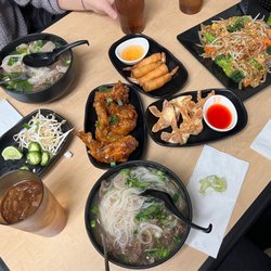 Kong’s Kitchen - Pho (combo), oyster wings, cream cheese puffs, shrimp rolls, and pad thai (vegetarian)