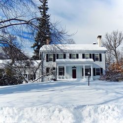 Millbrook Country House - MCH in winter, with one of tallest (c. 1875) Norway spruces in Dutchess County