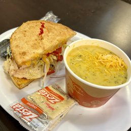 Half and half- chicken Fiesta-Style Sandwich and Broccoli & Cheese Soup Half and half- chicken Fiesta-Style Sandwich and Broccoli & Cheese Soup
