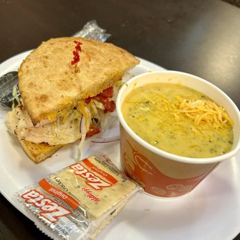 Schlotzsky's - Half and half- chicken Fiesta-Style Sandwich and Broccoli & Cheese Soup - Pizza Near Me - Dallas, Texas Schlotzsky's - Half and half- chicken Fiesta-Style Sandwich and Broccoli & Cheese Soup - Pizza Near Me - Dallas, Texas