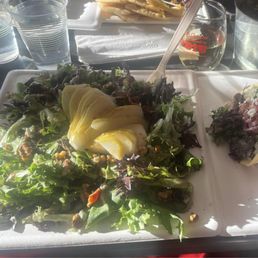 Pear salad and gyro. Hummus and pita bread in the back.