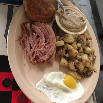 Carls Deli - This is the smoked country ham, gravy, sunny side egg, and home fries - Breakfast & Brunch Near Me - Somerville, Alabama