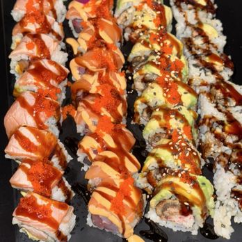 Zushi Sushi and Ramen - From left to right - killer salmon, samurai, caterpillar and eel avocado - Ramen Near Me - Webster Groves, Missouri Zushi Sushi and Ramen - From left to right - killer salmon, samurai, caterpillar and eel avocado - Ramen Near Me - Webster Groves, Missouri