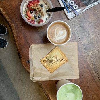 MoonGoat Coffee Roasters - Granola & fruit (they top it w/ your milk of choice), cappuccino, matcha latte and everything cream cheese pop tart. - Coffee Roasteries Near Me - Costa Mesa, California