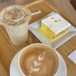 House latte (hot), pistachio latte (cold), saffron milk cake House latte (hot), pistachio latte (cold), saffron milk cake