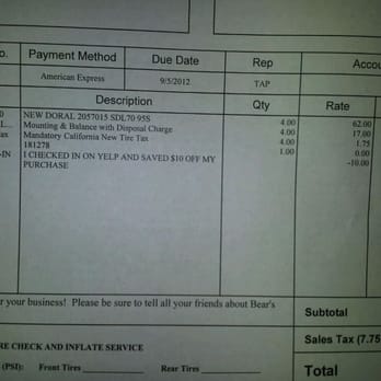Bear's Tire - Doral SDL 70 205/70 R15 95S 4x62=248, Mounting&misc fees 4x17=68, CA tax = 7, Yelp discount = -10, Sale Tax = 19, Total = 332 - Tires Near Me - San Diego, California