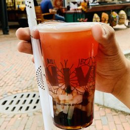 Strawberry tea with boba and jelly Strawberry tea with boba and jelly