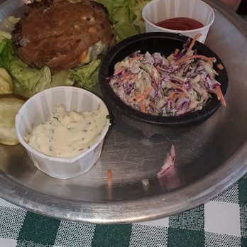Rodeo Goat - Hamburger Patti with blue cheese and grilled onions.  Blue cheese slaw - Burgers Near Me - Rockwall, Texas