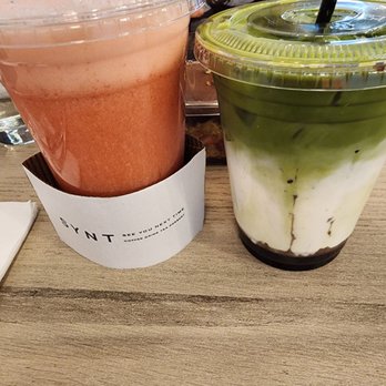 Elite Experience: SYNT Coffee - Strawberry Juice (Less Ice) & Bluberry Macha Latte - Yelp Events Near Me - Los Angeles, California