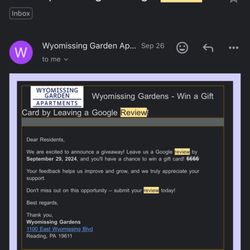 Wyomissing Garden Apartments - THIS IS AN EMAIL OF HOW THEY WILL REWARD YOU FOR A GOOD BUT FALSE!! REVIEW