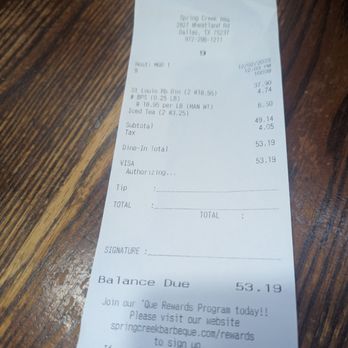 Spring Creek Barbeque - Receipt - Barbeque Near Me - Dallas, Texas