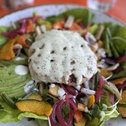 The wonderful hamburger salad with a turkey patty. The wonderful hamburger salad with a turkey patty.