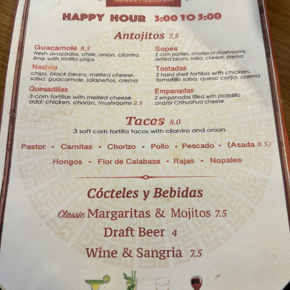 It sure looks like margs should be 7.5 to me and chicken is included in tostados-but apparently not according to the bartender. It sure looks like margs should be 7.5 to me and chicken is included in tostados-but apparently not according to the bartender.