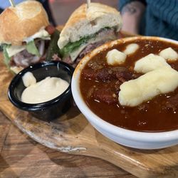 Fuel Bistro & Wine - Elk chili (with cheese curds) and The Don sandwich in background.
