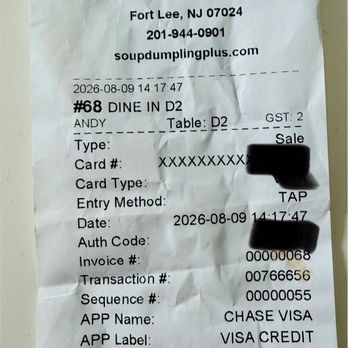 Soup Dumpling Plus - A receipt that I paid. - Shanghainese Near Me - Fort Lee, New Jersey Soup Dumpling Plus - A receipt that I paid. - Shanghainese Near Me - Fort Lee, New Jersey
