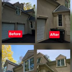 Mighty Wash Power Washing & Deck Staining - Before and after photos. Wash removed dirt and black mold or algae in eaves areas . Brightened off white tters and brightened home overall.
