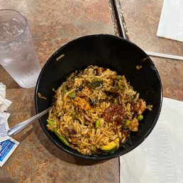 Chicken, asada, veggies, Pad tai oil, sesame, sweet n sour, and rice noodles Chicken, asada, veggies, Pad tai oil, sesame, sweet n sour, and rice noodles